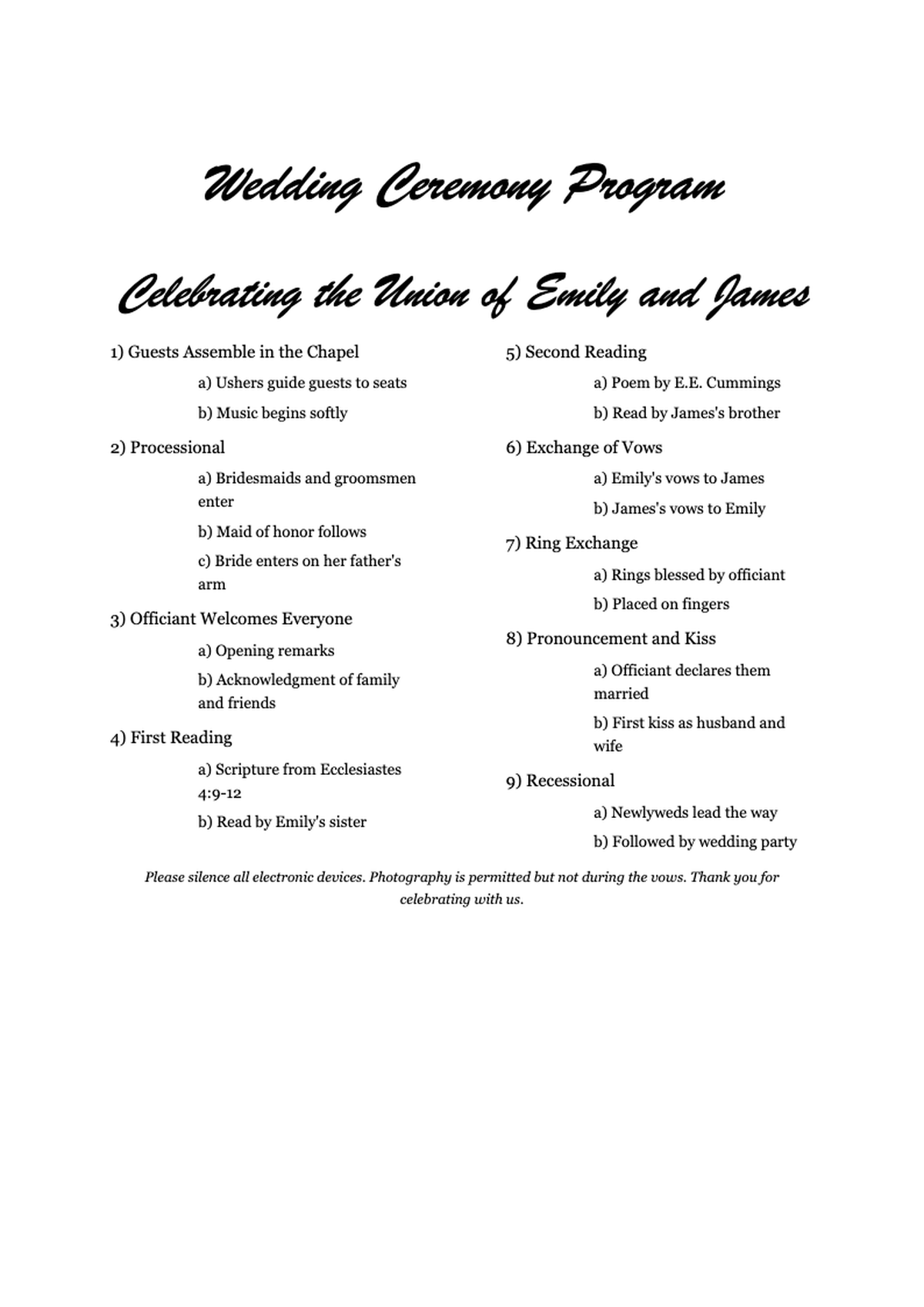 Wedding reception program with numbered event schedule and customizable notes_variant_3